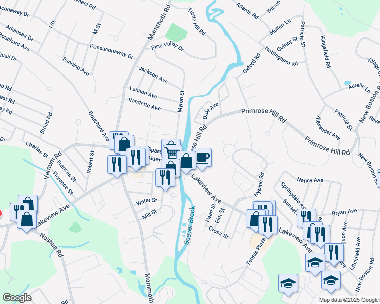 map of restaurants, bars, coffee shops, grocery stores, and more near 34 Primrose Hill Road in Dracut