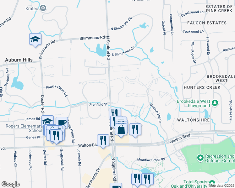 map of restaurants, bars, coffee shops, grocery stores, and more near 2860 Pine Knoll Drive in Auburn Hills
