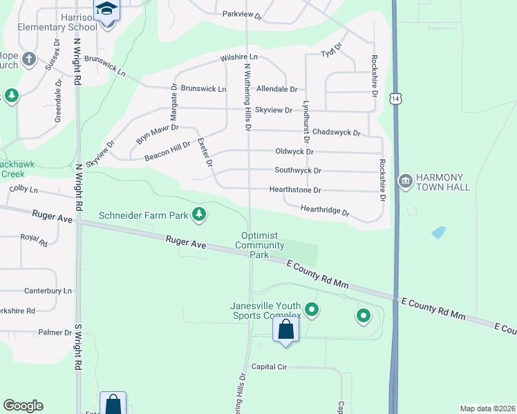 map of restaurants, bars, coffee shops, grocery stores, and more near 122 North Wuthering Hills Drive in Janesville