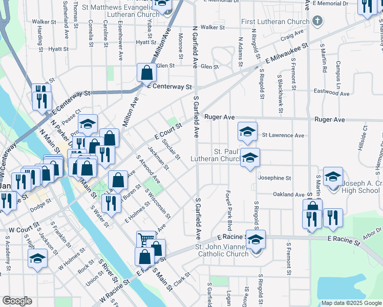 map of restaurants, bars, coffee shops, grocery stores, and more near 216 South Garfield Avenue in Janesville