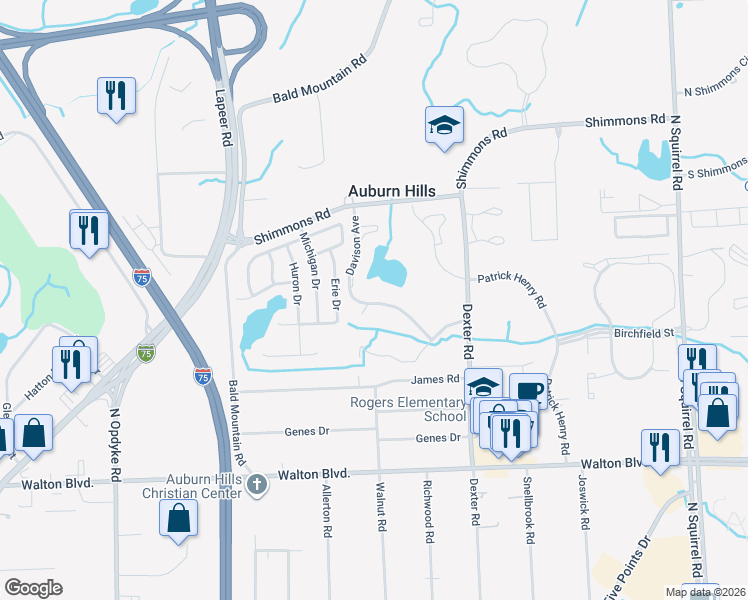 map of restaurants, bars, coffee shops, grocery stores, and more near 2807 Davison Avenue in Auburn Hills