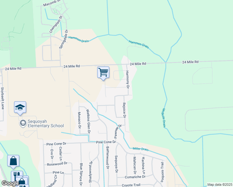 map of restaurants, bars, coffee shops, grocery stores, and more near 19795 Glimmer Drive in Macomb