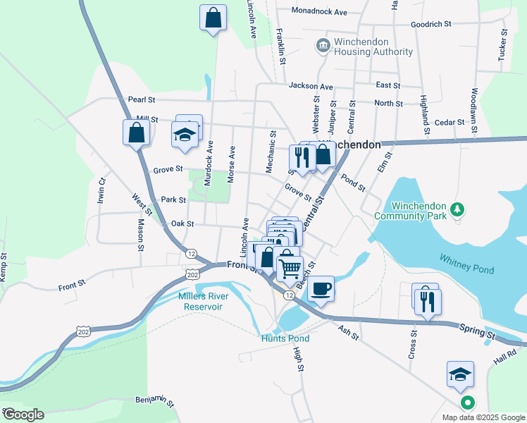 map of restaurants, bars, coffee shops, grocery stores, and more near 24 Spruce Street in Winchendon