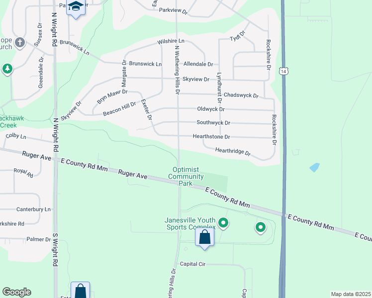 map of restaurants, bars, coffee shops, grocery stores, and more near 122 North Wuthering Hills Drive in Janesville