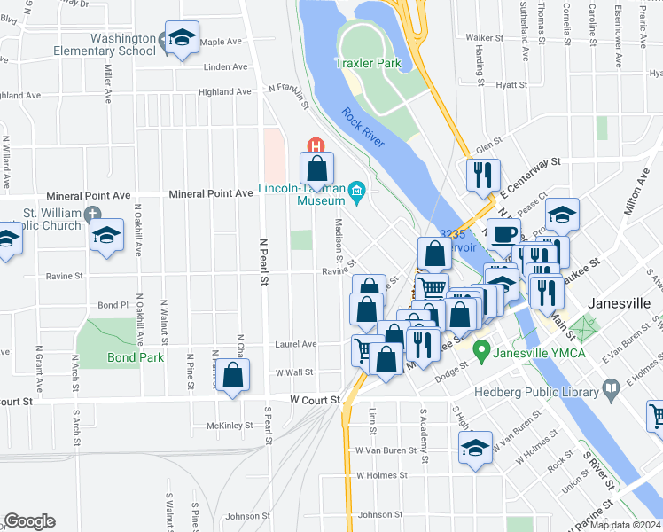 map of restaurants, bars, coffee shops, grocery stores, and more near 1008 Ravine Street in Janesville