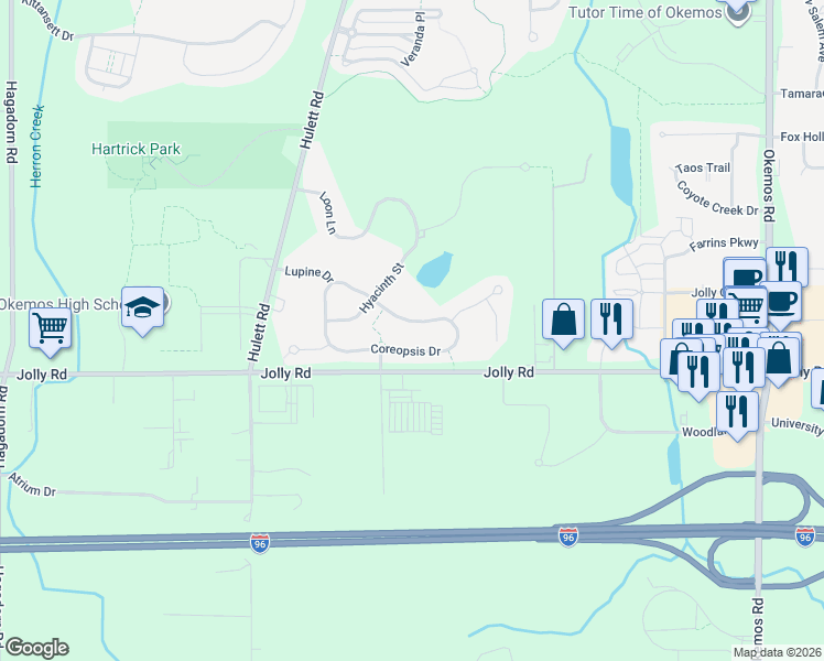 map of restaurants, bars, coffee shops, grocery stores, and more near 2674 Coreopsis Drive in Meridian charter Township