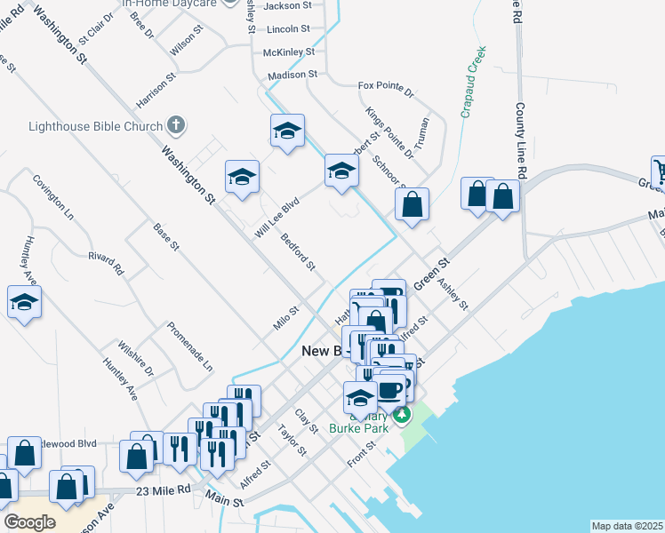 map of restaurants, bars, coffee shops, grocery stores, and more near 36511 Milo Street in New Baltimore