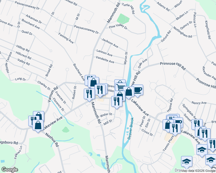 map of restaurants, bars, coffee shops, grocery stores, and more near 36 Spare Street in Dracut