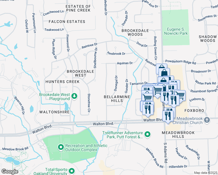 map of restaurants, bars, coffee shops, grocery stores, and more near 311 Donegal Drive in Rochester Hills