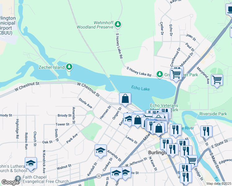 map of restaurants, bars, coffee shops, grocery stores, and more near 364 West Chestnut Street in Burlington