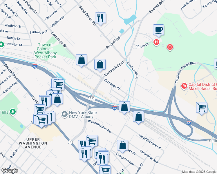 map of restaurants, bars, coffee shops, grocery stores, and more near 50 Exchange Street in Albany