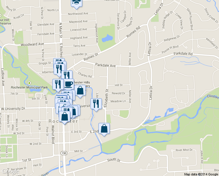 map of restaurants, bars, coffee shops, grocery stores, and more near 420 Hill St in Rochester