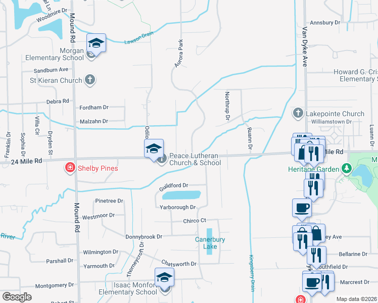 map of restaurants, bars, coffee shops, grocery stores, and more near 6845 24 Mile Road in Macomb County