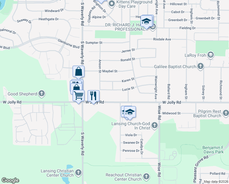 map of restaurants, bars, coffee shops, grocery stores, and more near 3545 Lucie Street in Lansing