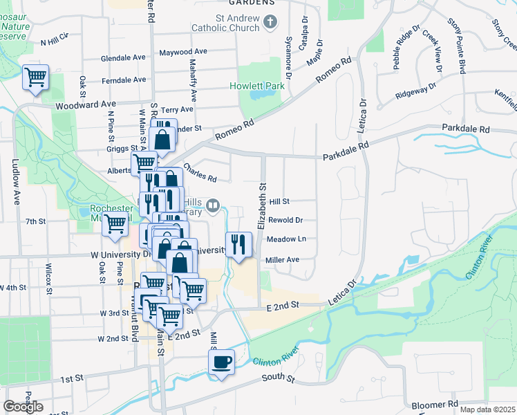 map of restaurants, bars, coffee shops, grocery stores, and more near 420 Hill Street in Rochester