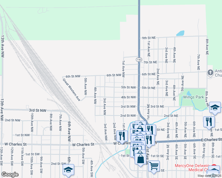 map of restaurants, bars, coffee shops, grocery stores, and more near 450 2nd Avenue Northwest in Oelwein