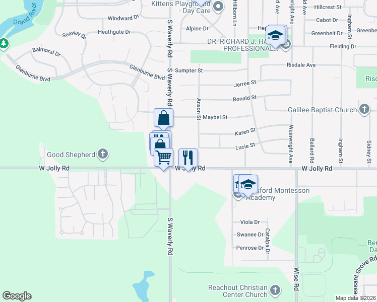 map of restaurants, bars, coffee shops, grocery stores, and more near 4927 South Waverly Road in Lansing