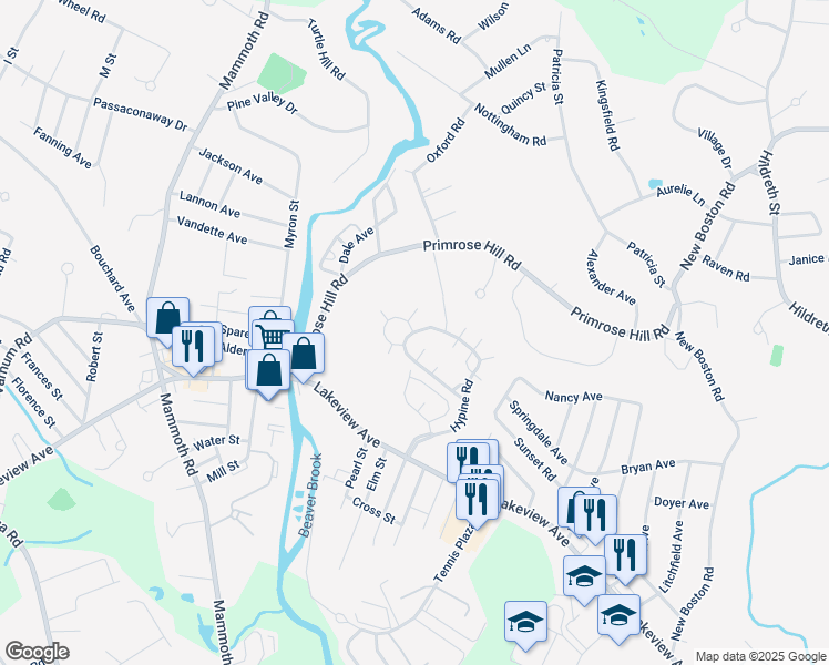 map of restaurants, bars, coffee shops, grocery stores, and more near 752 Hypine Road in Dracut