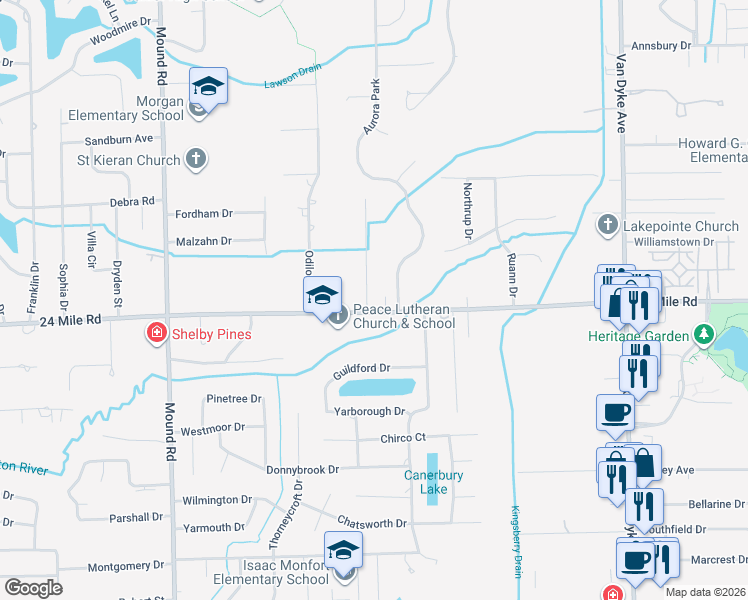 map of restaurants, bars, coffee shops, grocery stores, and more near 6845 24 Mile Road in Macomb County