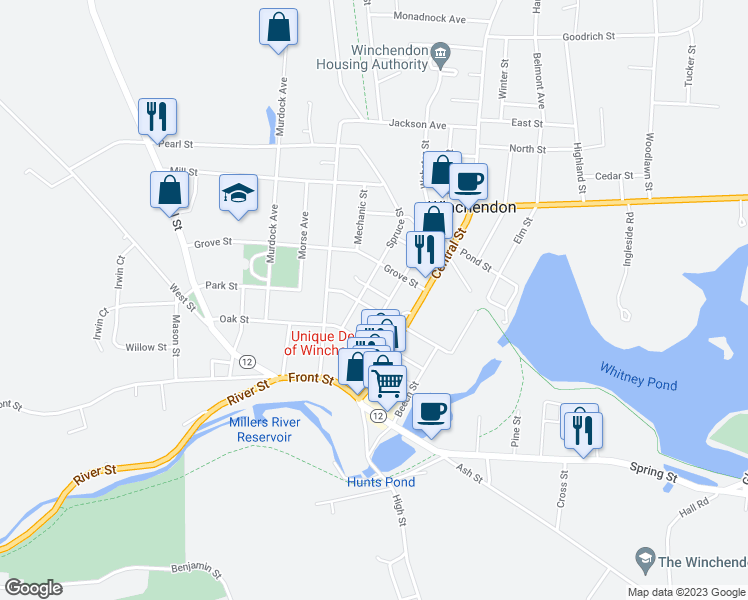 map of restaurants, bars, coffee shops, grocery stores, and more near 122 Pleasant Street in Winchendon