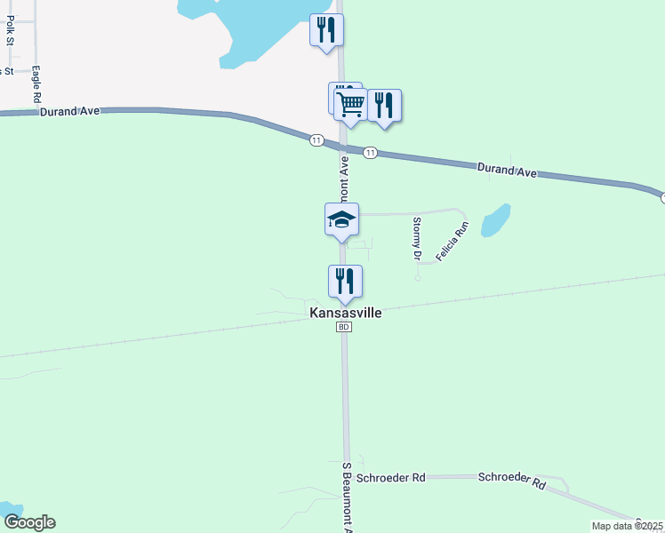 map of restaurants, bars, coffee shops, grocery stores, and more near 4110 South Beaumont Avenue in Kansasville