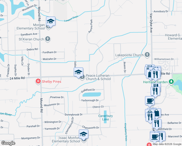 map of restaurants, bars, coffee shops, grocery stores, and more near 6845 24 Mile Road in Macomb County