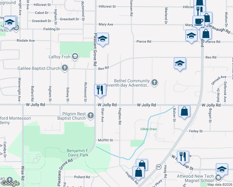 map of restaurants, bars, coffee shops, grocery stores, and more near 5000 Hughes Road in Lansing