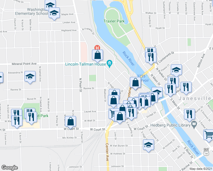 map of restaurants, bars, coffee shops, grocery stores, and more near 1002 Ravine Street in Janesville