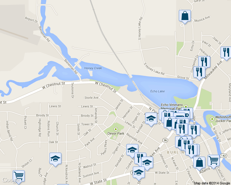 map of restaurants, bars, coffee shops, grocery stores, and more near 433 West Chestnut Street in Burlington
