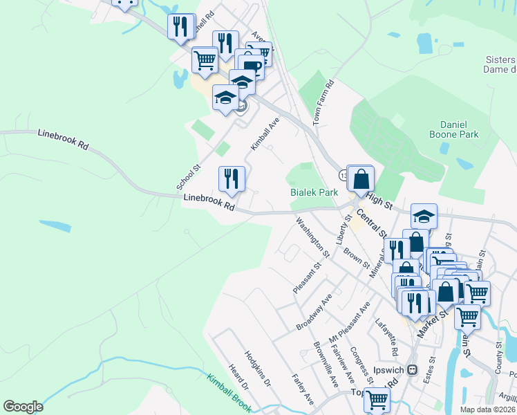 map of restaurants, bars, coffee shops, grocery stores, and more near 34 Linebrook Road in Ipswich