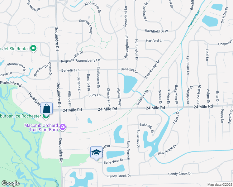 map of restaurants, bars, coffee shops, grocery stores, and more near 2555 Judy Lane in Macomb County