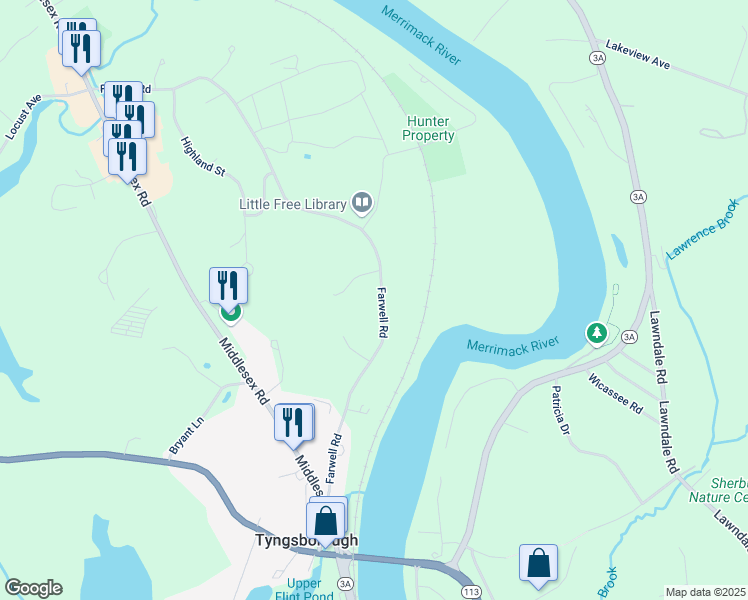 map of restaurants, bars, coffee shops, grocery stores, and more near 41 Farwell Road in Tyngsborough