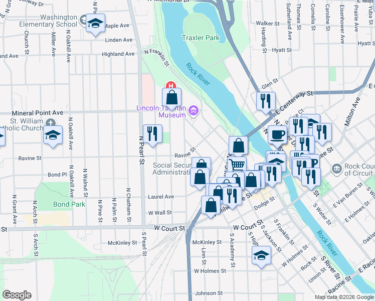 map of restaurants, bars, coffee shops, grocery stores, and more near 1002 Ravine Street in Janesville
