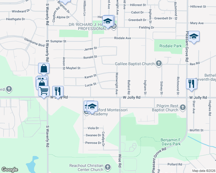 map of restaurants, bars, coffee shops, grocery stores, and more near 3214 Raynell Street in Lansing