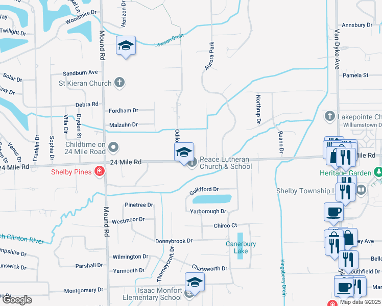map of restaurants, bars, coffee shops, grocery stores, and more near 6585 24 Mile Road in Shelby charter Township