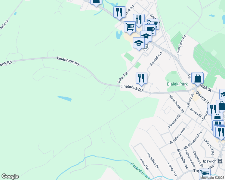 map of restaurants, bars, coffee shops, grocery stores, and more near 78 Linebrook Road in Ipswich