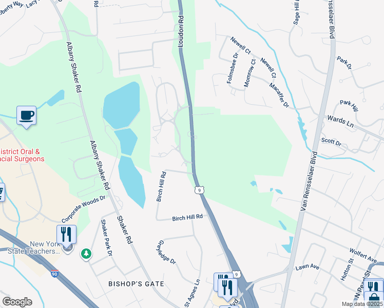 map of restaurants, bars, coffee shops, grocery stores, and more near 298 U.S. 9 in Albany