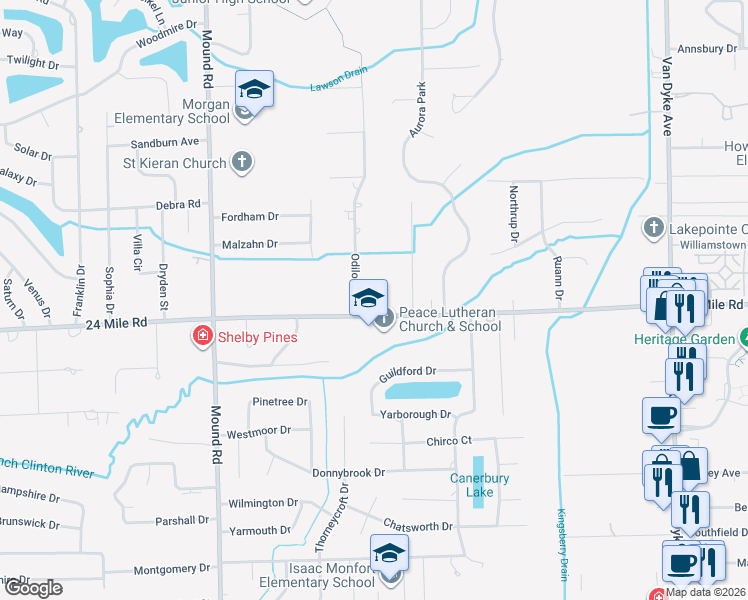 map of restaurants, bars, coffee shops, grocery stores, and more near 6505 24 Mile Road in Macomb County
