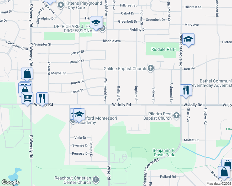 map of restaurants, bars, coffee shops, grocery stores, and more near 4920 Ballard Road in Lansing