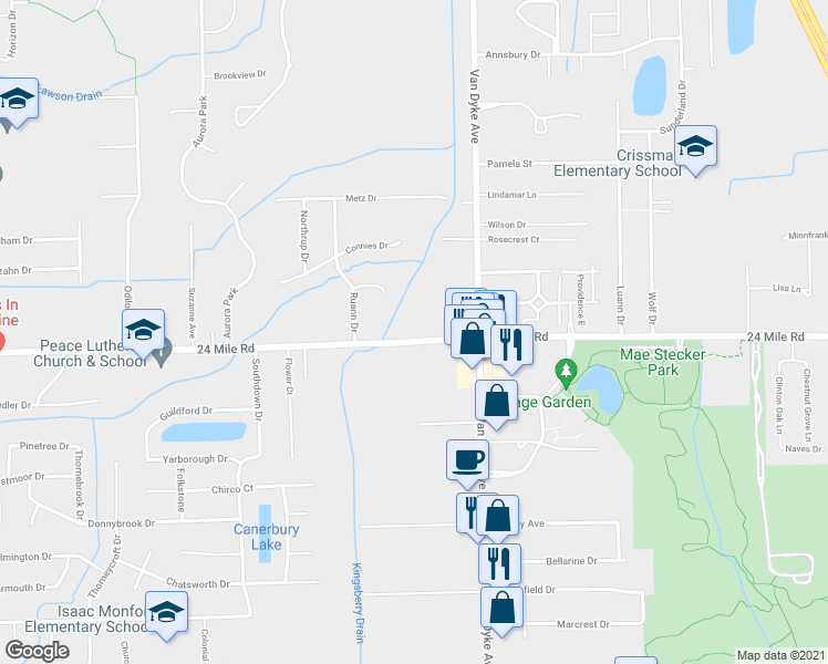 map of restaurants, bars, coffee shops, grocery stores, and more near 7819 24 Mile Road in Shelby charter Township