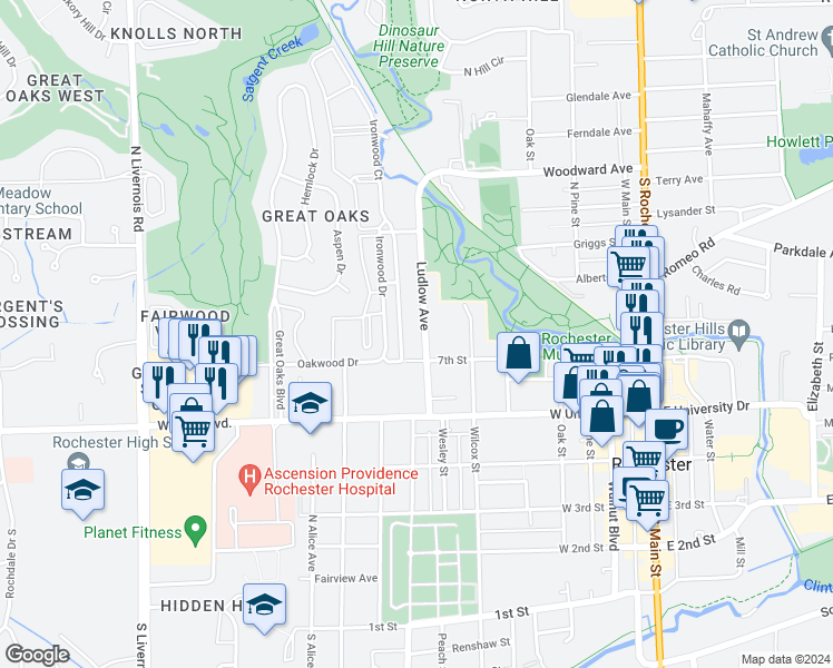 map of restaurants, bars, coffee shops, grocery stores, and more near 723 Ludlow Avenue in Rochester