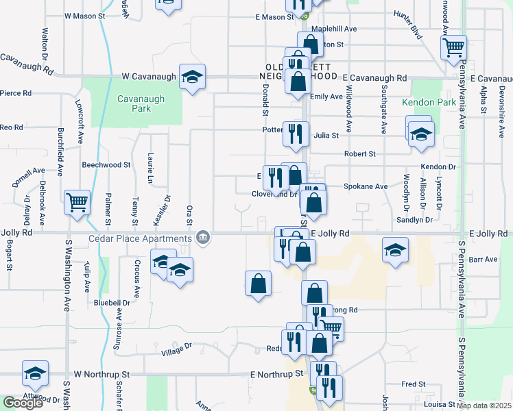 map of restaurants, bars, coffee shops, grocery stores, and more near 225 East Jolly Road in Lansing