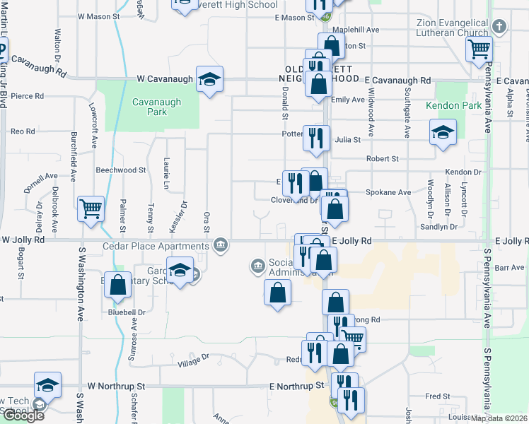 map of restaurants, bars, coffee shops, grocery stores, and more near 131 East Jolly Road in Lansing