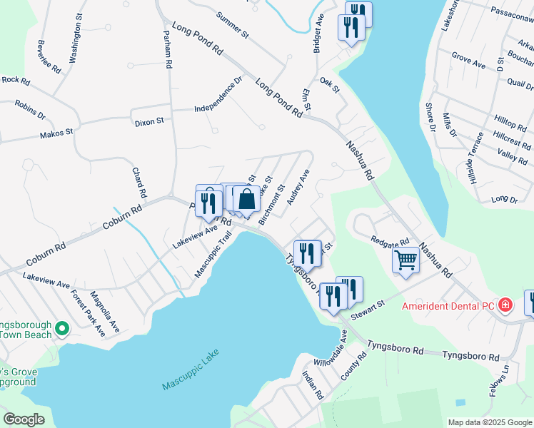map of restaurants, bars, coffee shops, grocery stores, and more near 24 Birchmont Street in Tyngsborough