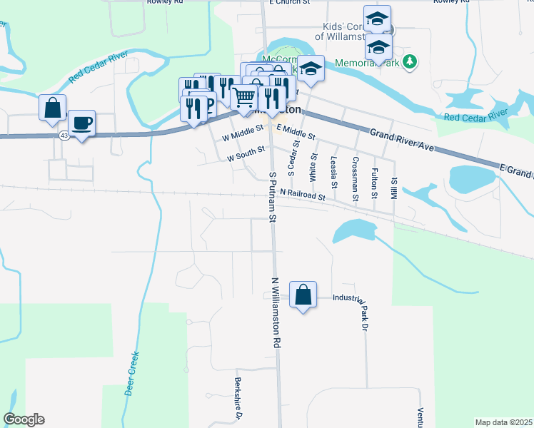 map of restaurants, bars, coffee shops, grocery stores, and more near 702 South Putnam Street in Williamston