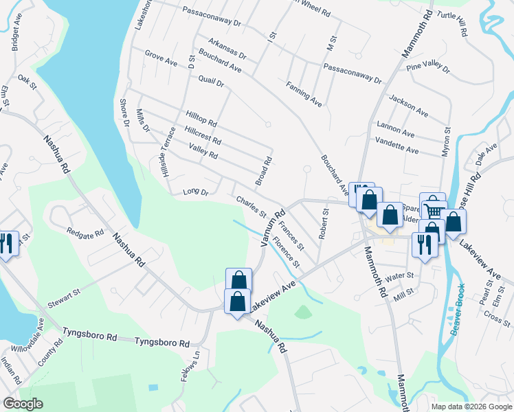 map of restaurants, bars, coffee shops, grocery stores, and more near 25 Charles Street in Dracut