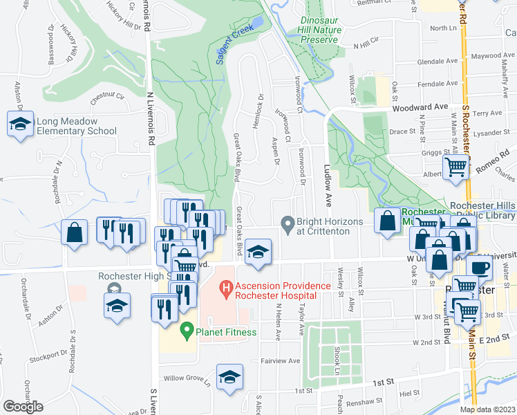 map of restaurants, bars, coffee shops, grocery stores, and more near 964 Oakwood Drive in Rochester
