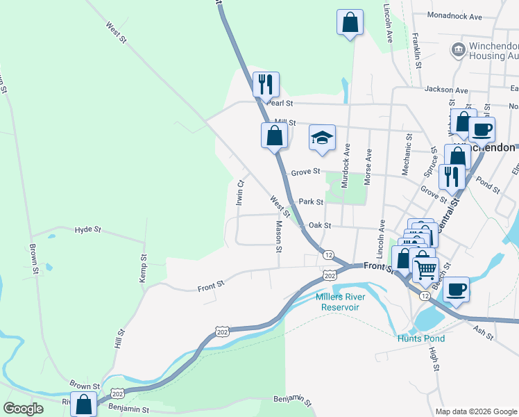 map of restaurants, bars, coffee shops, grocery stores, and more near 66 Hyde Park Street in Winchendon