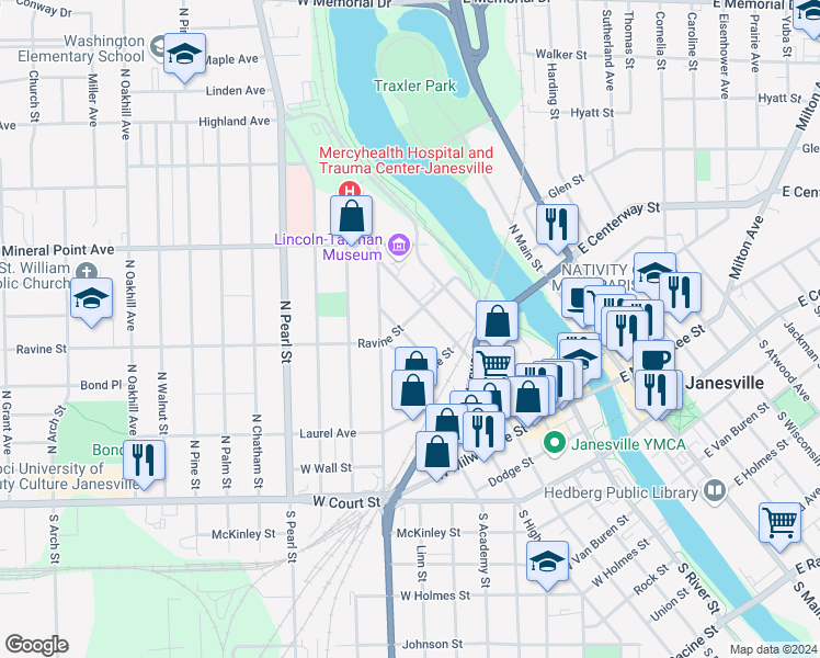 map of restaurants, bars, coffee shops, grocery stores, and more near 338 North High Street in Janesville