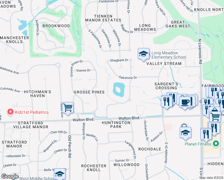 map of restaurants, bars, coffee shops, grocery stores, and more near 150 Tartan Drive in Rochester Hills